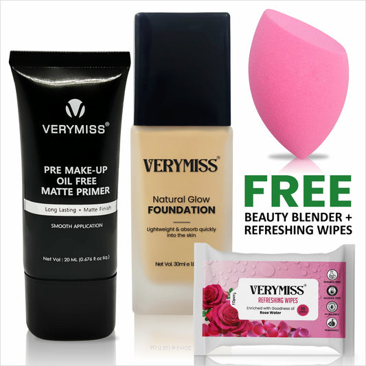 Glowing Foundation + Primer & FREE Multi-Use Beauty Blender + Rose Refreshing Wipes