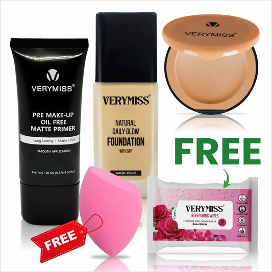 Glowing Foundation + Primer + Compact Powder & FREE Multi-Use Beauty Blender + Refreshing Wipes