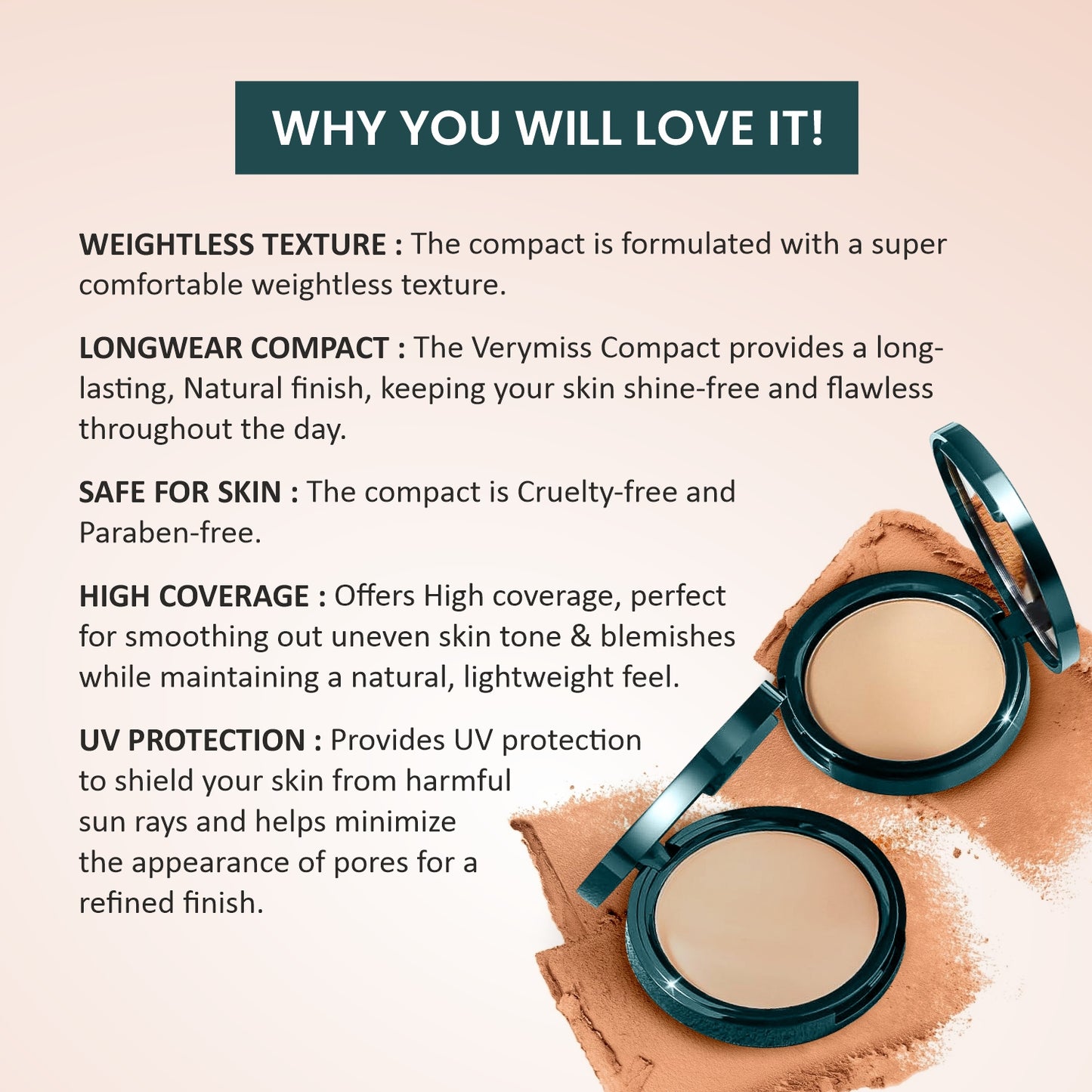Verymiss 8 to 8 Weightless Super Stay Compact Powder 9 g I lightweight I Enriched with UV protection I Natural Finish I 02 Light Beige I Qty 1