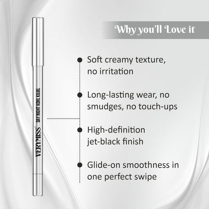 Verymiss Day Night Kohl Kajal with Sharpener 1.2 g I Long-Lasting I Smooth Application I Rich Pigmentation I Black I Qty 1