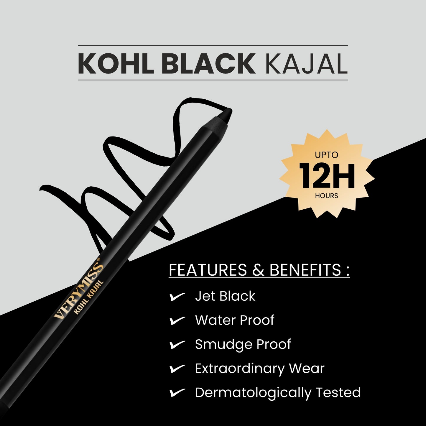 Verymiss Kohl Black Kajal 1.2 g I Long-Lasting I Smooth Application I Rich Pigmentation I Black I Qty 1