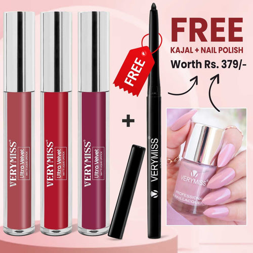 3 Glamorous Liquid Lipstick Kit + FREE Waterproof Kajal