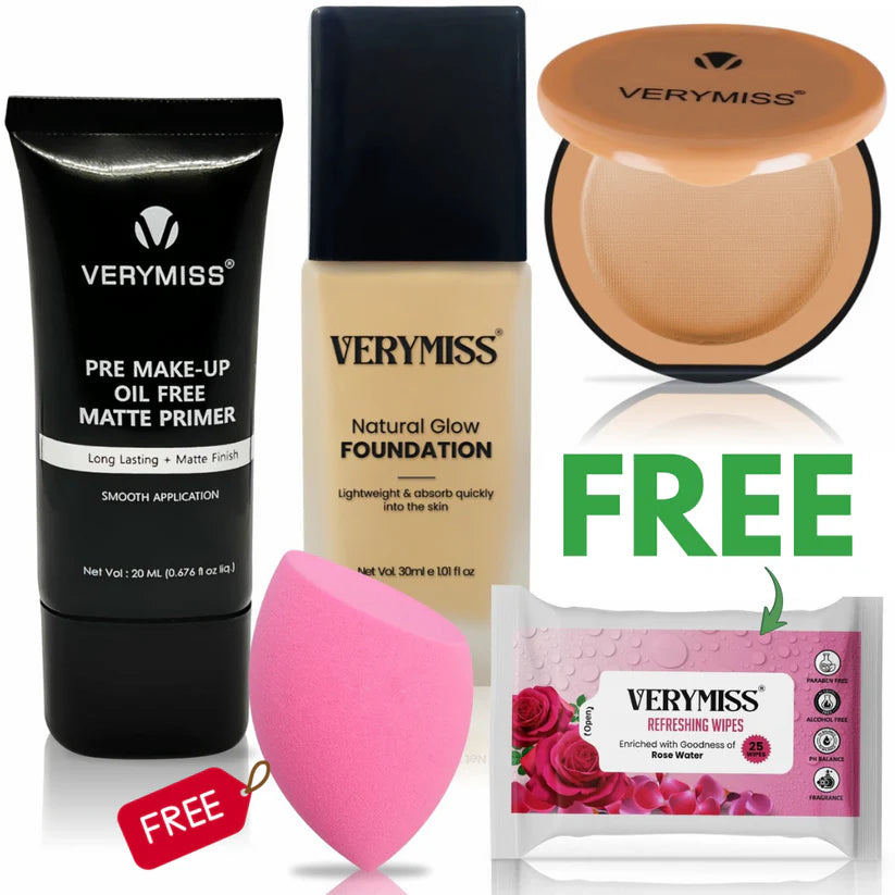 Glowing Foundation + Primer + Compact Powder & FREE Multi-Use Beauty Blender + Refreshing Wipes