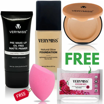 Glowing Foundation + Primer + Compact Powder & FREE Multi-Use Beauty Blender + Refreshing Wipes